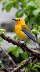 Fototapeta premium prothonotary warbler, perches, in the wild