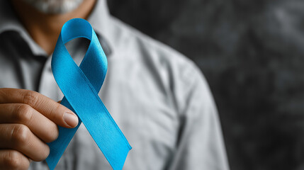 Man holding blue awareness ribbon in dark setting  