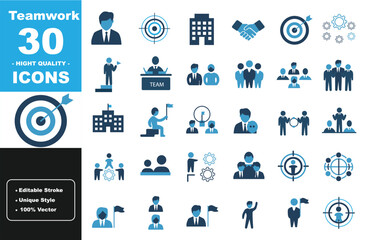 Teamwork and Business Collaboration Icons Set – Corporate Team, Leadership, Partnership, Office People, Vector Design