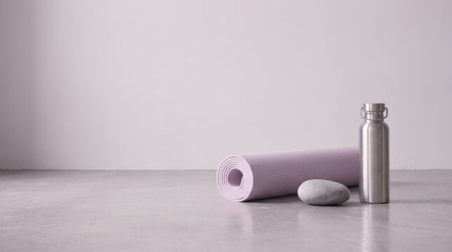 Flat Lay of Purple Yoga Mat, Natural Stone, and Silver Water Bottle Against Minimal White Wall, Wellness Concept