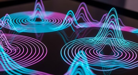Holographic wave patterns in cyan and magenta.

