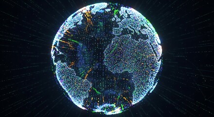 Particle swarm forming a globe, representing global AI.
