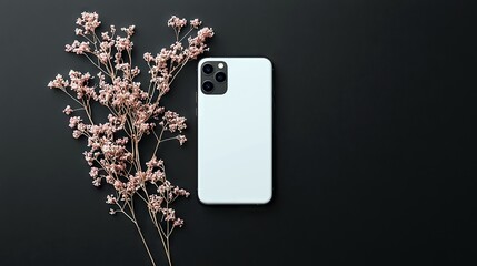 A white smartphone is placed next to a branch of delicate pink dried flowers on a plain black background.