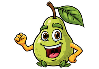 Cheerful cartoon pear character with a green stem and leaves, ready for a healthy lifestyle and vibrant, fruity fun