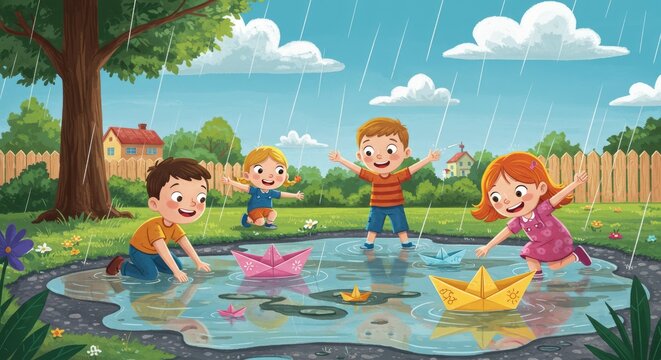 Children joyfully playing with paper boats in a rainy puddle