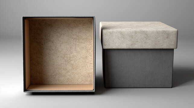 Elegant open and closed gift boxes with textured surfaces on a smooth background