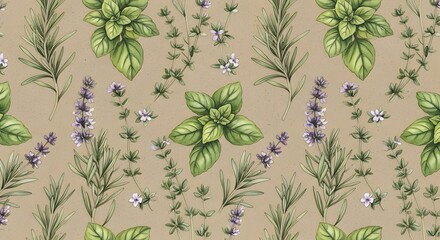 Hand-drawn seamless pattern of culinary herbs like basil, rosemary, lavender, and thyme, a botanical watercolor illustration on a craft background