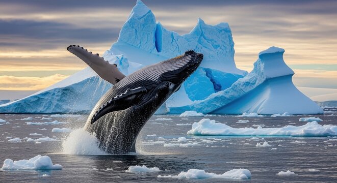 Majestic humpback whale breaching icy waters against dramatic antarctic glacial backdrop