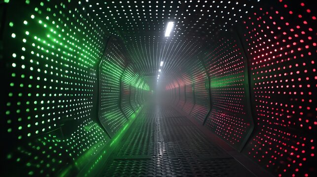 space christmas. Futuristic tunnel with colorful lights and a mysterious atmosphere.