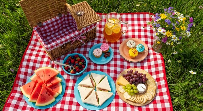 Red checkered blanket picnic spread with watermelon cupcakes and lemonade image - Powered by Adobe