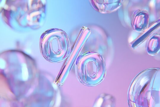 3D illustration of a transparent glass percent symbol, floating in the air with iridescent reflections and soft pastel gradients. Futuristic minimalistic concept for discounts, sales
