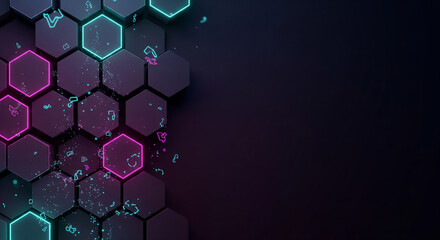 Futuristic Neon Glowing Hexagon Background with Creative Copyspace