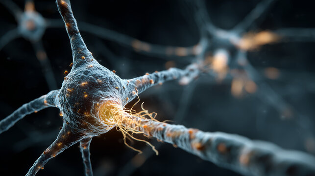 Close-Up Of A Neuron Network In The Brain With Glowing Synapses And Dendrites