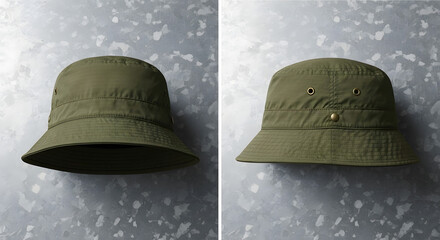 Olive green bucket hat mockup template for apparel branding and design projects: blank canvas for logo placement and custom graphics
