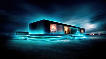 A sleek, modern architectural house glows with vibrant blue neon lights against a dark, cloudy night sky.