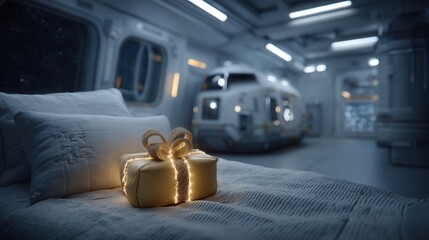 space christmas. Cozy alien room with a glowing gift on the bed.