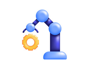 Production operator concept, automation, robotics, engineering. Manufacturing and industry. Illustration of a robotic arm with gears. 3D style design. Icon, symbol, element, white background.