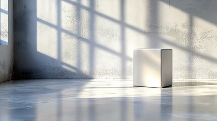 A stark, empty room with a single white cube positioned in the center, illuminated by sunlight streaming through a window, creating strong geometric shadows.