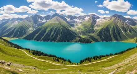 Panoramic view showcasing the turquoise waters of Issyk Lake surrounded by mountains