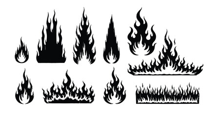 Vector set of black fire flames isolated on white background