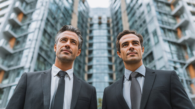 Two Professional Businessmen Standing in Front of Modern Corporate Buildings, Confident and Ready for Success