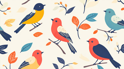 Fototapeta premium Colorful birds in a minimal vector style. Decorative patterns and icons create modern and tidy design for print and digital use