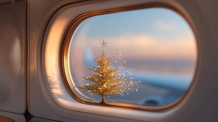 space christmas. Frosted tree design on an airplane window at sunset.