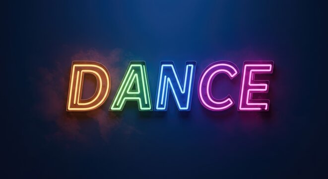 Colorful Neon Dance Sign on Dark Blue Background.
