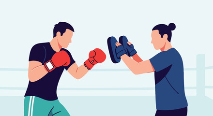 Two boxers training in a ring, with one man throwing punches at training mitts held by his partner.