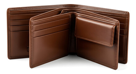 A classic collection of men's bifold wallets crafted from smooth brown leather, open to display various card slots and a coin compartment