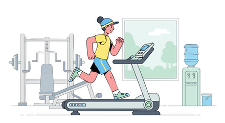 Young woman running on a treadmill inside a gym for cardiovascular fitness and endurance training.