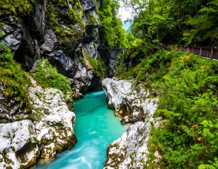 Turquoise river carves through a canyon, lush greenery surrounds path