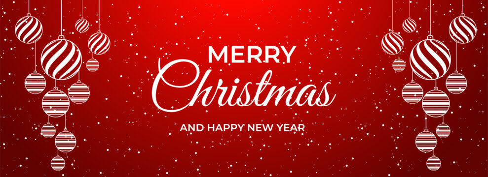 Merry Christmas and Happy New Year greeting banner with hanging striped ornaments on a red background.