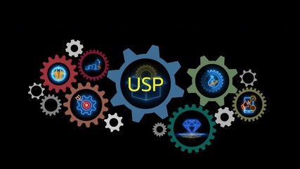 Glowing neon line banner of USP concept with icons of unique, sale, consumer, benefits, branding and marketing isolated on black background.