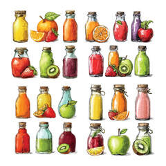 Set of fruit juices in cute bottles, orange, apple, strawberry, kiwi, and grape juice Watercolor Illustration