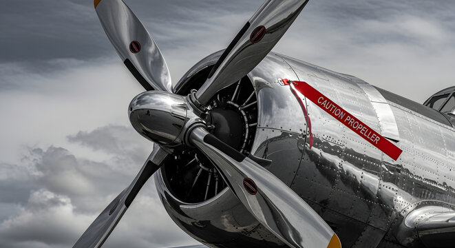 Close-up of Vintage Aircraft Polished Chrome Engine and Propeller with Red Caution Tag - Retro Aviation Detail.