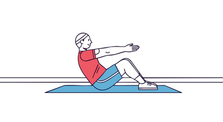 Smiling man performing a sit-up or crunch variation on a mat for targeted abdominal muscle strengthening.