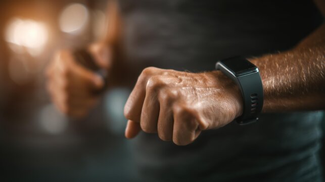 Close-Up of Male Athlete's Hand Checking Fitness Tracker While Preparing for Workout in Modern Gym Setting