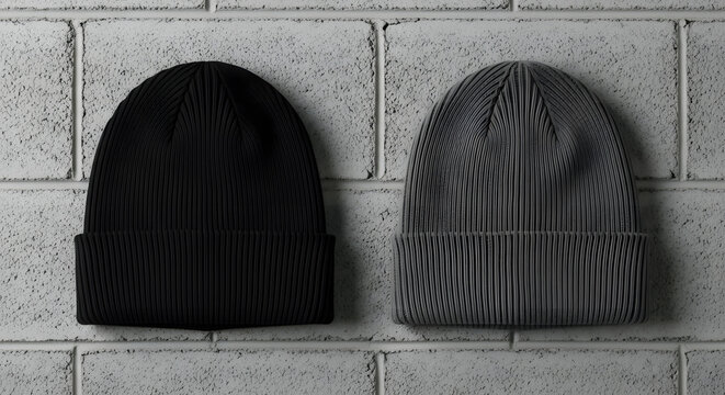 Black and Gray Knit Beanie Mockup on Concrete Wall for Apparel Branding and Design Presentation