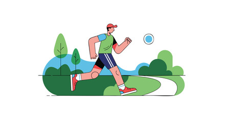 Energetic man running outdoors on a winding park path for morning cardio and fitness.