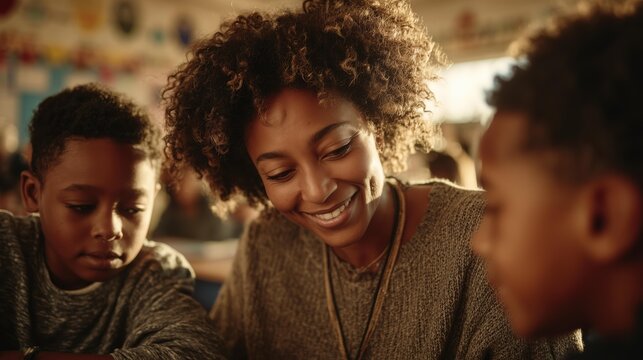 Engaged African American Mother Reading with Two Young Sons in a Classroom Setting During Golden Hour