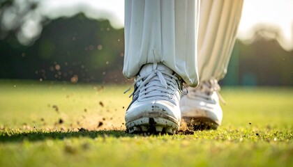 The stride of a cricket player on the field shows determination and skill