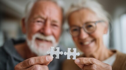 Elderly couple joyfully holding puzzle pieces together, showcasing their shared passion for puzzles in a bright, inviting indoor setting.