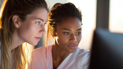 Two Female Researchers Analyzing Data on Computer Screen During Golden Hour in Modern Laboratory Setting