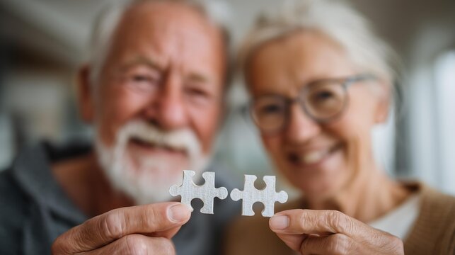 Elderly couple joyfully holding puzzle pieces together, showcasing their shared passion for puzzles in a bright, inviting indoor setting.