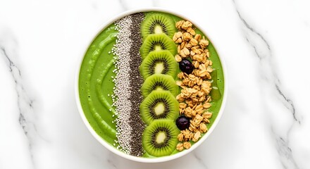 Vibrant green smoothie bowl topped with kiwi slices chia seeds and granola image