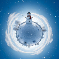 Tiny planet winter landscape with snowman