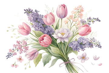 Obraz premium Bouquet of spring flowers watercolor illustration isolated on transparent background. Flower PNG.