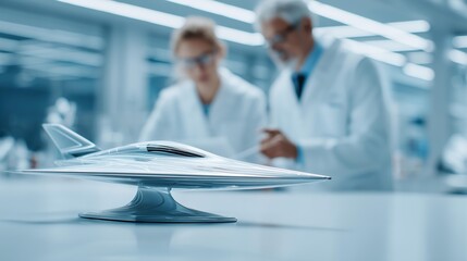 Engineers Analyzing Hypersonic Aircraft Model in Modern Laboratory with Soft Natural Light and Clean Background