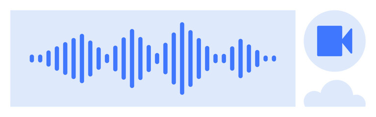 Blue audio waveform with video camera and cloud icon, representing sound, video recording, and cloud storage. Ideal for podcasting, streaming, technology, audio files, data multimedia simple flat